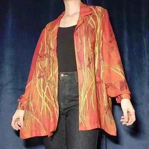 Vintage 90s  orange autumn leaves flowy button-up shirt